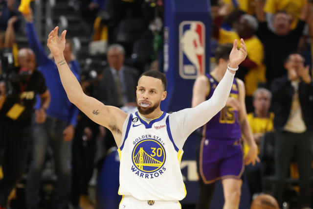 Golden State Warriors guard Stephen Curry reacts against the Los Angeles Lakers during Game 2 of the Western Conference semifinal series at Chase Center in San Francisco on May 4, 2023. (Ezra Shaw/Getty Images)