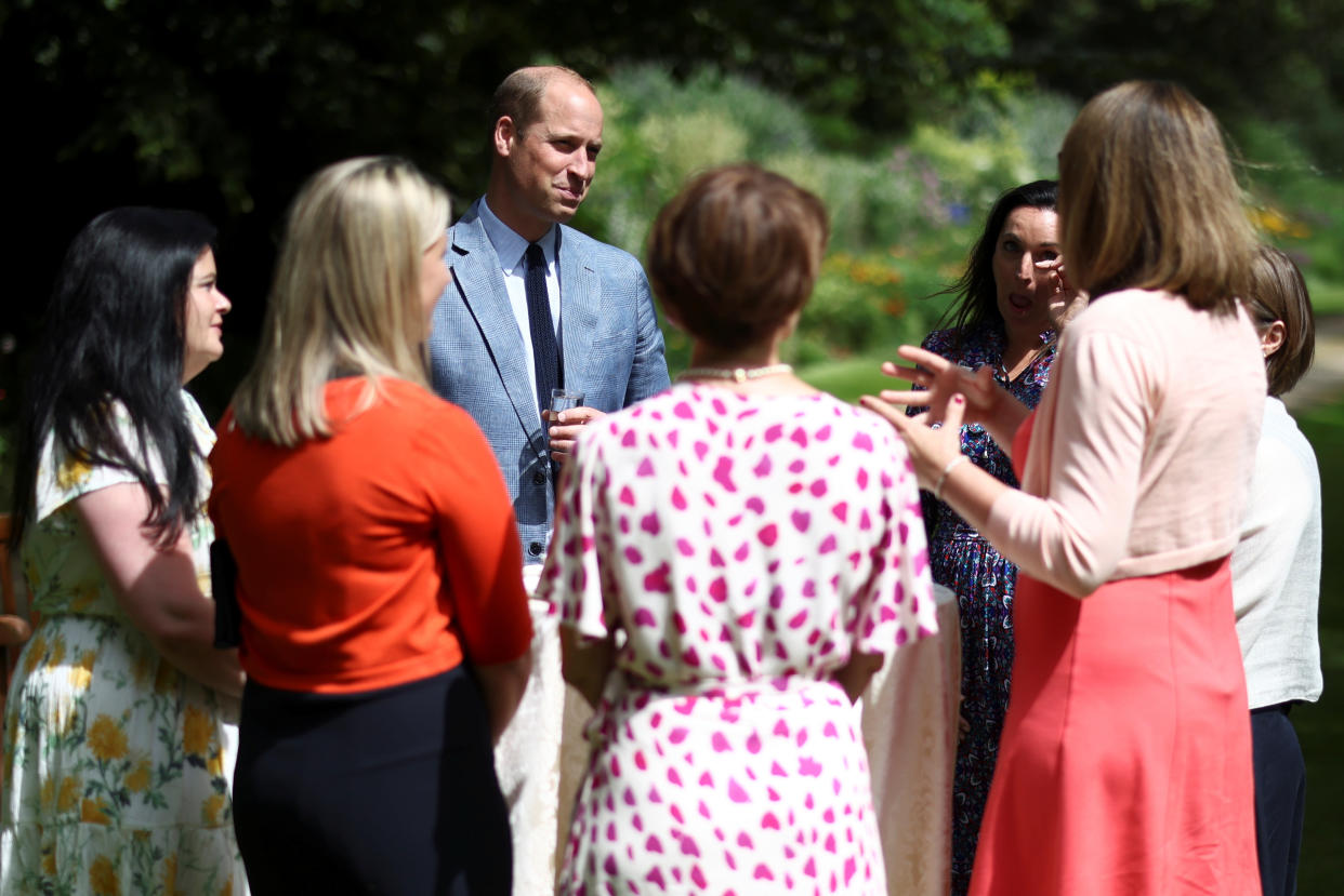 The Duke of Cambridge, in his role as Joint Patron of NHS Charities Together, speaks to guests during a 'Big Tea' for NHS staff at Buckingham Palace in London, to mark the 73rd birthday of the NHS. Picture date: Monday July 5, 2021.