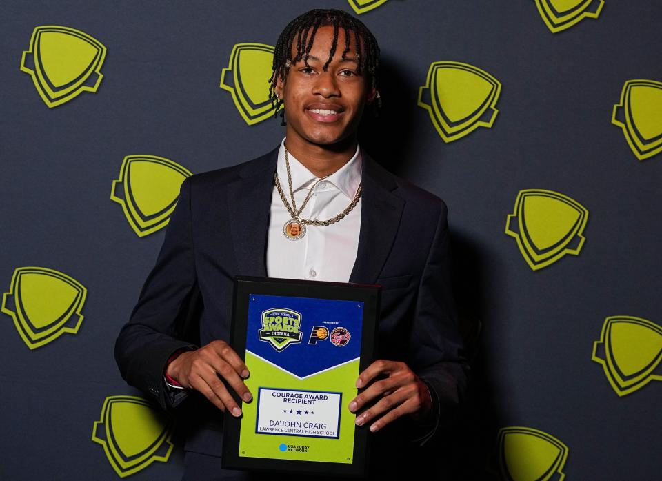 Courage Award recipient Da'John Craig of Lawrence Central poses for a photo during the Indiana High School Sports Awards on Wednesday, April 19, 2023 at Clowes Memorial Hall in Indianapolis.