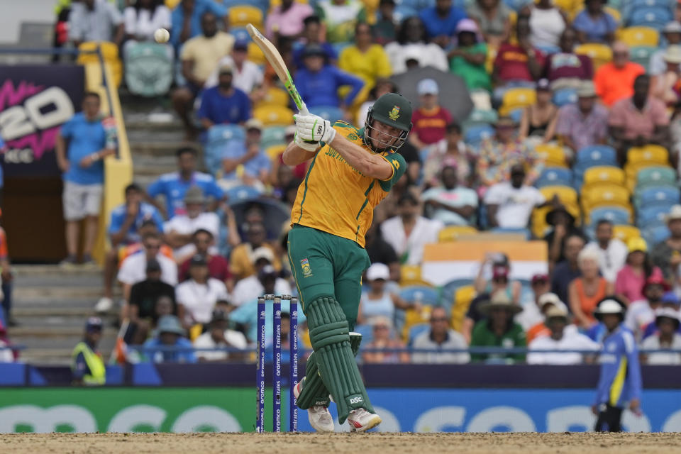 South Africa's David Miller plays a shot during the ICC Men's T20 World Cup final cricket match between India and South Africa at Kensington Oval in Bridgetown, Barbados, Saturday, June 29, 2024. (AP Photo/Ramon Espinosa)