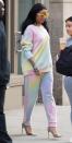 <p>Stepping out in Elder Stateman pastel sweats, pumps and yellow oversized cat eye sunglasses</p>