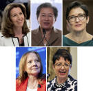 FILE - This combo image shows, from top left; Northrop Grumman CEO Kathy Warden; Advanced Micro Devices CEO Lisa Su; Citigroup CEO Jane Fraser; from bottom left; General Motors CEO Mary Barra; and United Parcel Service CEO Carol Tome. Warden, Su, Fraser, Barra, and Tome were the top five highest paid women CEOs in an Associated Press survey. (AP Photo, File)