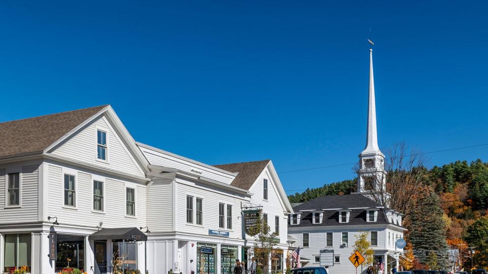 The charming village of Stowe in Vermont during autumn.