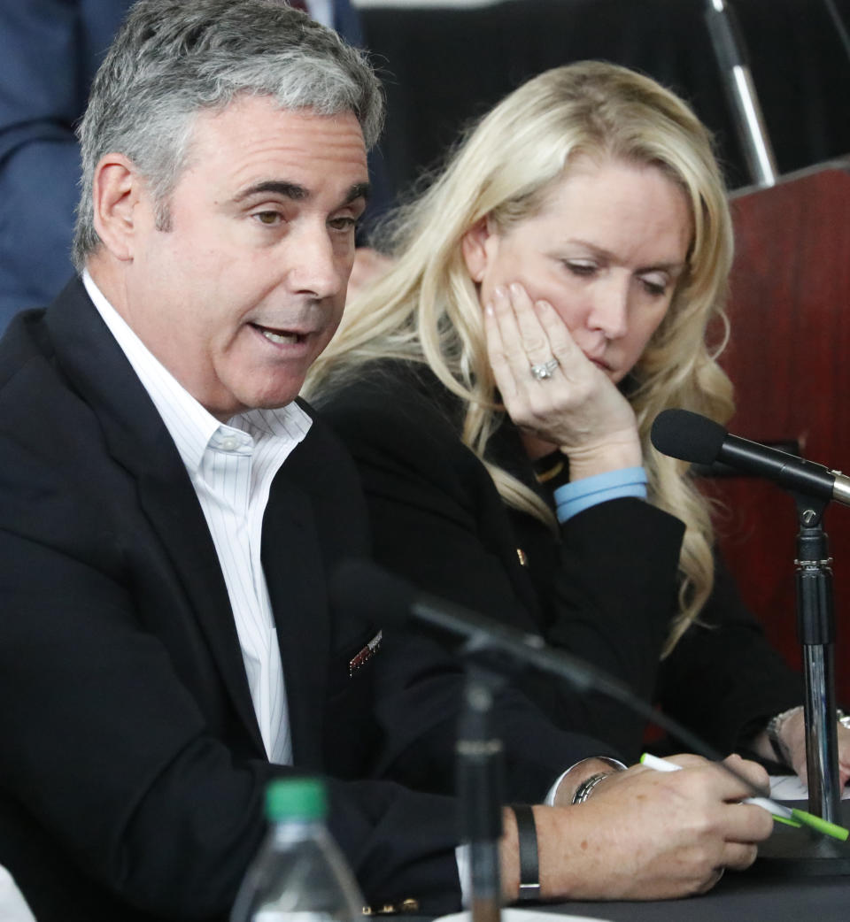 Parkland parent Tom Hoyer, speaks during to the Marjory Stoneman Douglas High School Public Safety Commission as his wife Gena, right, looks on, April 10, 2019, in Sunrise, Fla. Hoyer stood outside the Fort Lauderdale courtroom Wednesday, May 25, 2022 where jury selection is underway in the penalty phase of the gunman who killed his son Luke and 16 others at Marjory Stoneman Douglas High School in 2018. He said it's “heartbreaking" to think about what happened Tuesday at Robb Elementary School in Uvalde, Texas. An 18-year-old gunman killed 19 students and two teachers. (AP Photo/Wilfredo Lee)