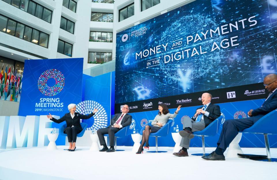 International Monetary Fund Managing Director Christine Lagarde along with Jeremy Allaire, Benoit Coeure, Patrick Njoroge and Sarah Youngwood talk about Money and Payments in the Digital Age at the IMF Headquarters during the 2019 IMF/World Bank Spring Meetings on April 10, 2019 in Washington, D.C. IMF Staff Photograph/Stephen Jaffe