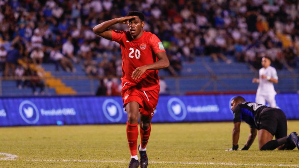 Canada's Jonathan David celebrates scoring his side's second goal against Honduras during a qualifying soccer match for the FIFA World Cup Qatar 2022 in San Pedro Sula, Honduras, Thursday, Jan. 27, 2022. (AP Photo/Delmer Martinez)