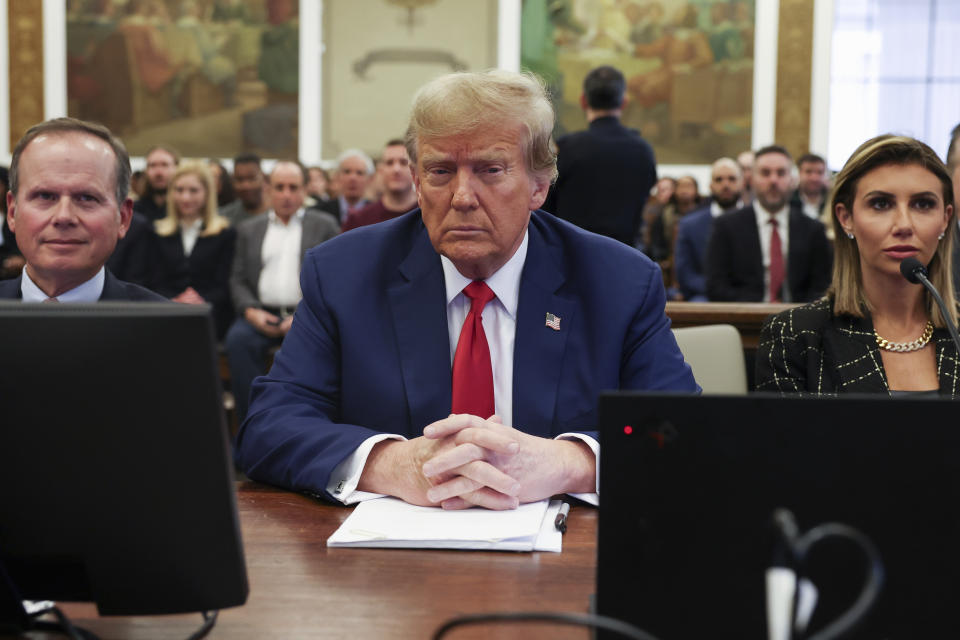 Former U.S. President Donald Trump, with lawyers Christopher Kise and Alina Habba, attends the closing arguments in the Trump Organization civil fraud trial at New York State Supreme Court in the Manhattan borough of New York, Thursday, Jan. 11, 2024. (Shannon Stapleton/Pool Photo via AP)