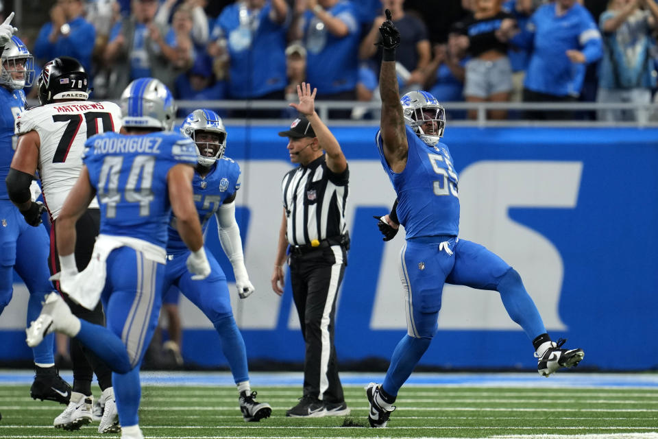 Detroit Lions linebacker Derrick Barnes (55) celebrates after sacking Atlanta Falcons quarterback Desmond Ridder for a 13-yard loss in the first half of an NFL football game Sunday, Sept. 24, 2023, in Detroit. (AP Photo/Paul Sancya)