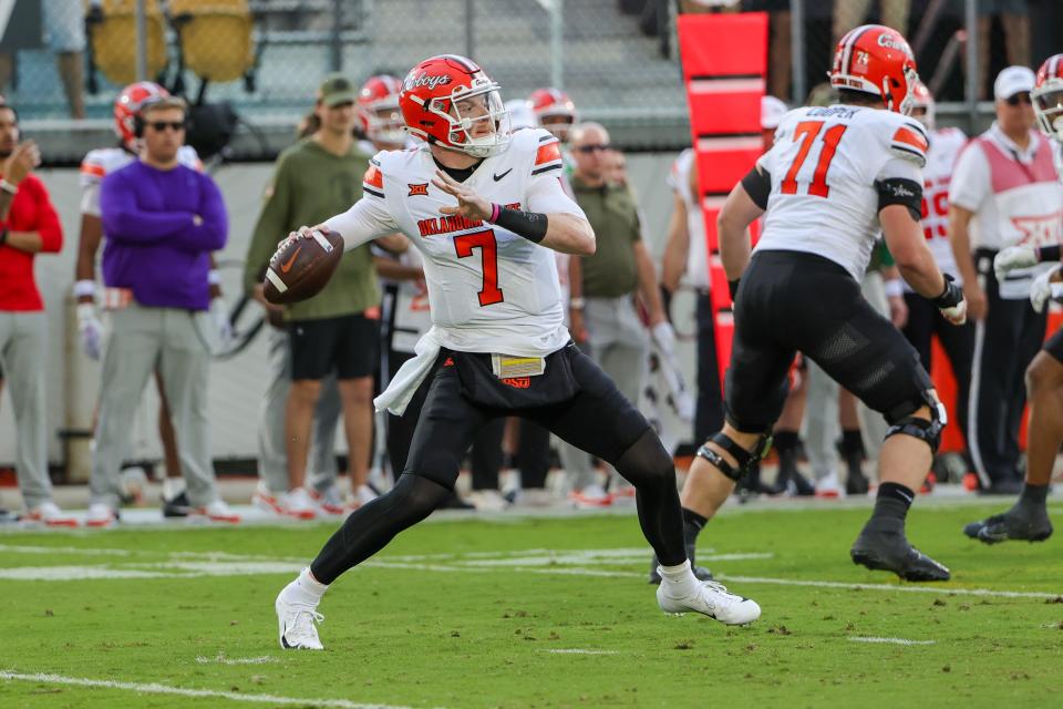 Nov 11, 2023; Orlando, Florida, USA; Oklahoma State Cowboys quarterback Alan Bowman (7) prepares to pass during the first quarter against the UCF Knights at FBC Mortgage Stadium. Mandatory Credit: Mike Watters-USA TODAY Sports