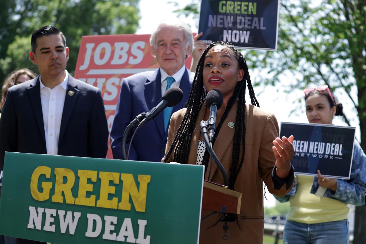 U.S. Rep. Summer Lee (D-PA) (2nd R) speaks as Sen. Ed Markey (D-MA) and other participants listen during a news conference on the Green New Deal in front of the U.S. Capitol on April 20, 2023, in Washington, DC. The lawmakers held a news conference to reintroduce the "Green New Deal Resolution," which was first introduced on April 20, 2021, as a non-binding resolution titled, "Recognizing the duty of the Federal Government to create a Green New Deal."