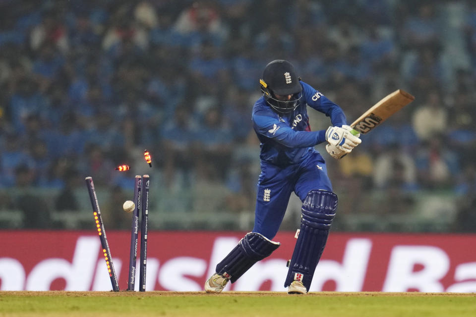 England's Adil Rashid is bowled out by India's Mohammed Shami during the ICC Men's Cricket World Cup match between England and India in Lucknow, India, Sunday, Oct. 29, 2023. (AP Photo/Aijaz Rahi)