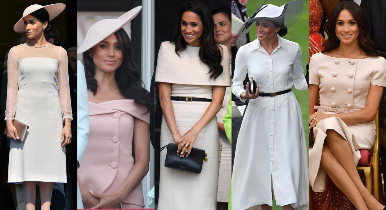 How has Meghan Markle’s wardrobe changed in keeping with the Buckingham Palace rule book? [Photo: Getty]