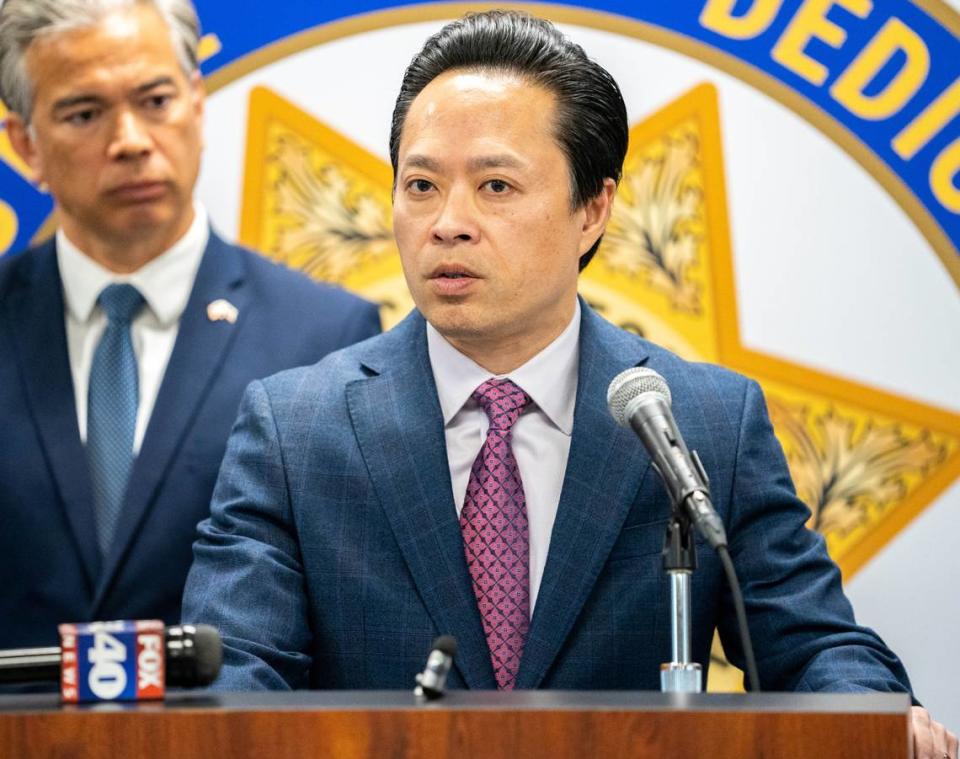 Sacramento County District Attorney Thien Ho addresses the media during a press conference at the Yuba City Police Department on Monday, April 17, 2023.