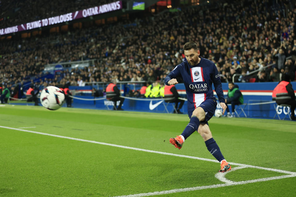 PSG's Lionel Messi kicks the corner during the French League One soccer match between Paris Saint-Germain and Lyon at the Parc des Princes stadium in Paris, Sunday, April 2, 2023. (AP Photo/Aurelien Morissard)
