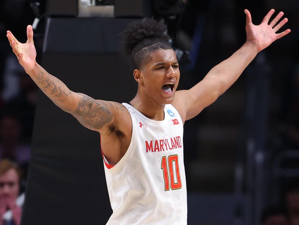 Julian Reese #10 of the Maryland Terrapins reacts after his dunk against the West Virginia Mountaineers during the second half in the first round of the NCAA Men's Basketball Tournament at Legacy Arena at the BJCC on March 16, 2023