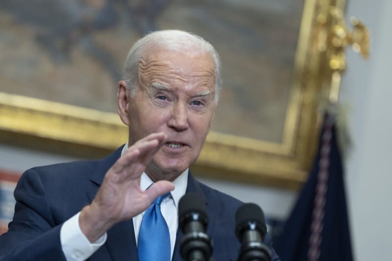 President Joe Biden delivers remarks about the ongoing contract negotiations between the United Auto Workers union and the Big Three automakers -- Ford, GM and Stellantis -- in the Roosevelt Room of the White House in Washington on Friday. Photo by Chris Kleponis/UPI