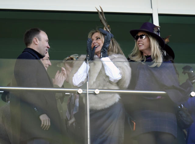 Matt Hancock and Carol Vorderman react in the stands during the Close Brothers Mares&#39; Hurdle on day one of the Cheltenham Festival at Cheltenham Racecourse. Picture date: Tuesday March 14, 2023. (Photo by Andrew Matthews/PA Images via Getty Images)