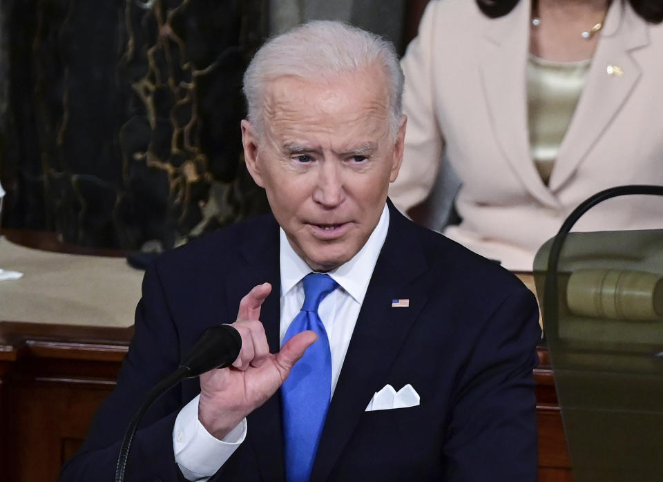 President Joe Biden addresses a joint session of Congress, Wednesday, April 28, 2021, in the House Chamber at the U.S. Capitol in Washington. (Jim Watson/Pool via AP)