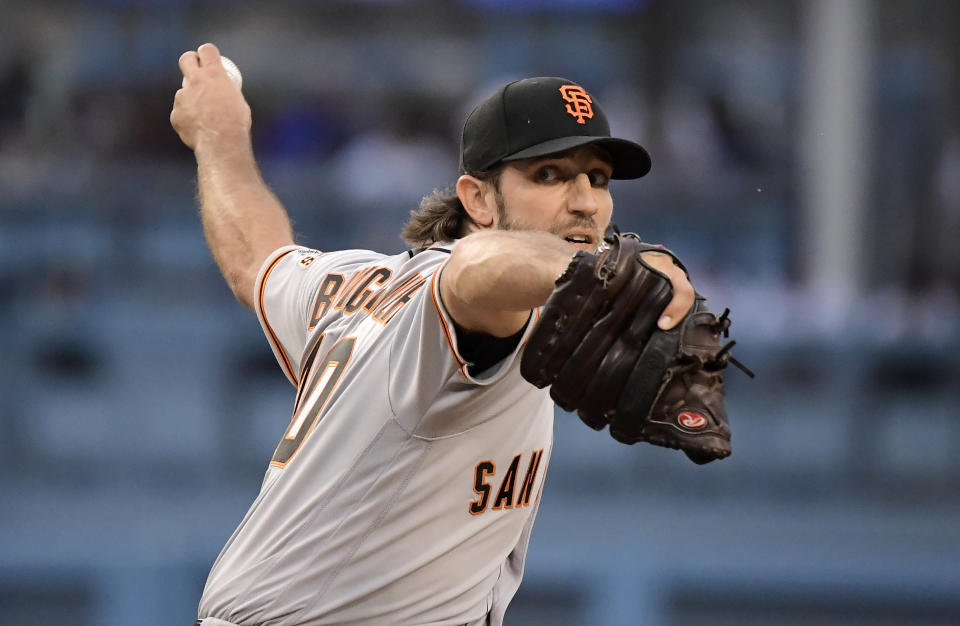 The Dodgers welcomed Giants ace Madison Bumgarner to Dodger Stadium with all kinds of taunts. (AP Photo/Mark J. Terrill)