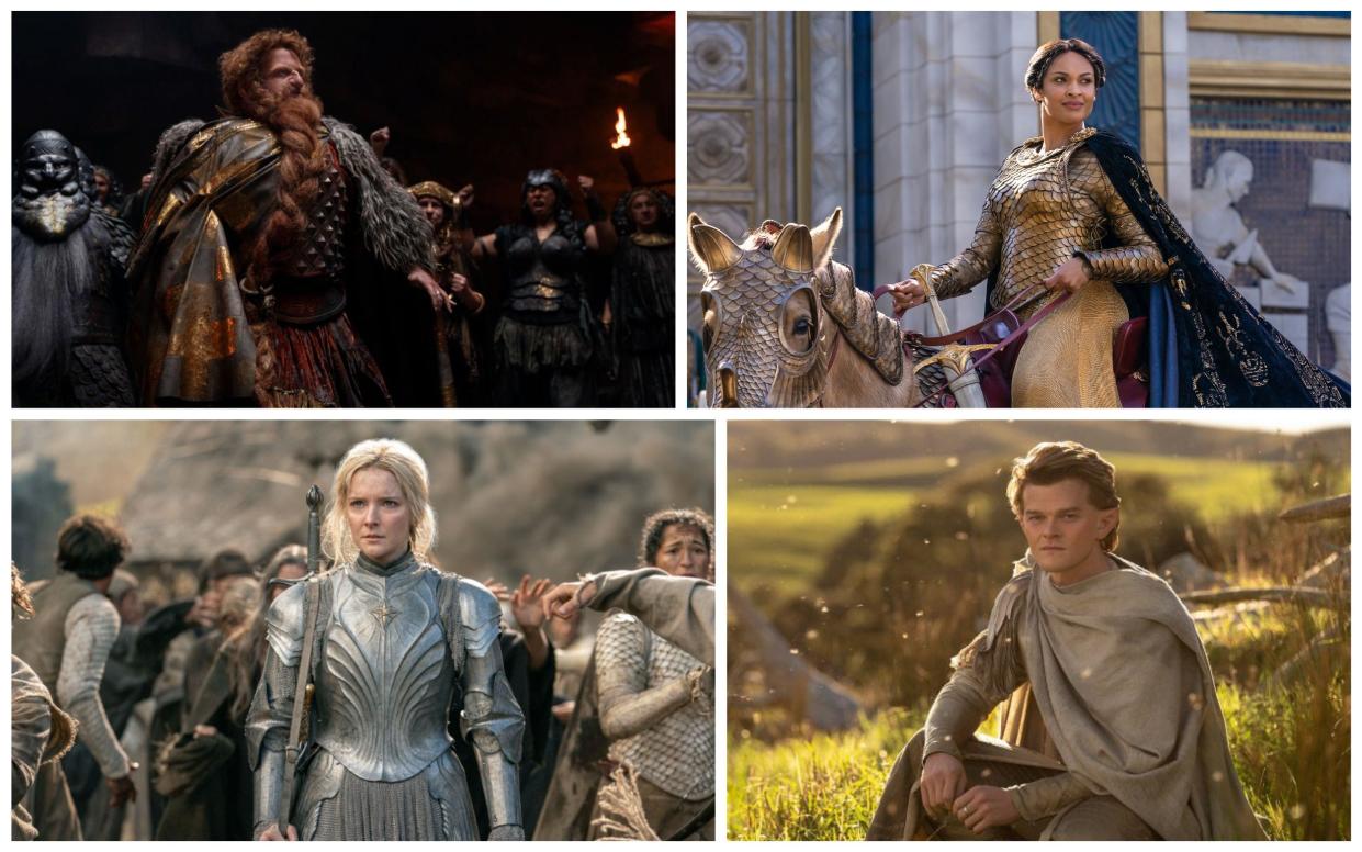 Clockwise from top left: Owain Arthur as Prince Durian, Cynthia Addai-Robinson as Tar-Míriel, Morfydd Clark as Galadriel and Robert Aramayo Elrond - Amazon