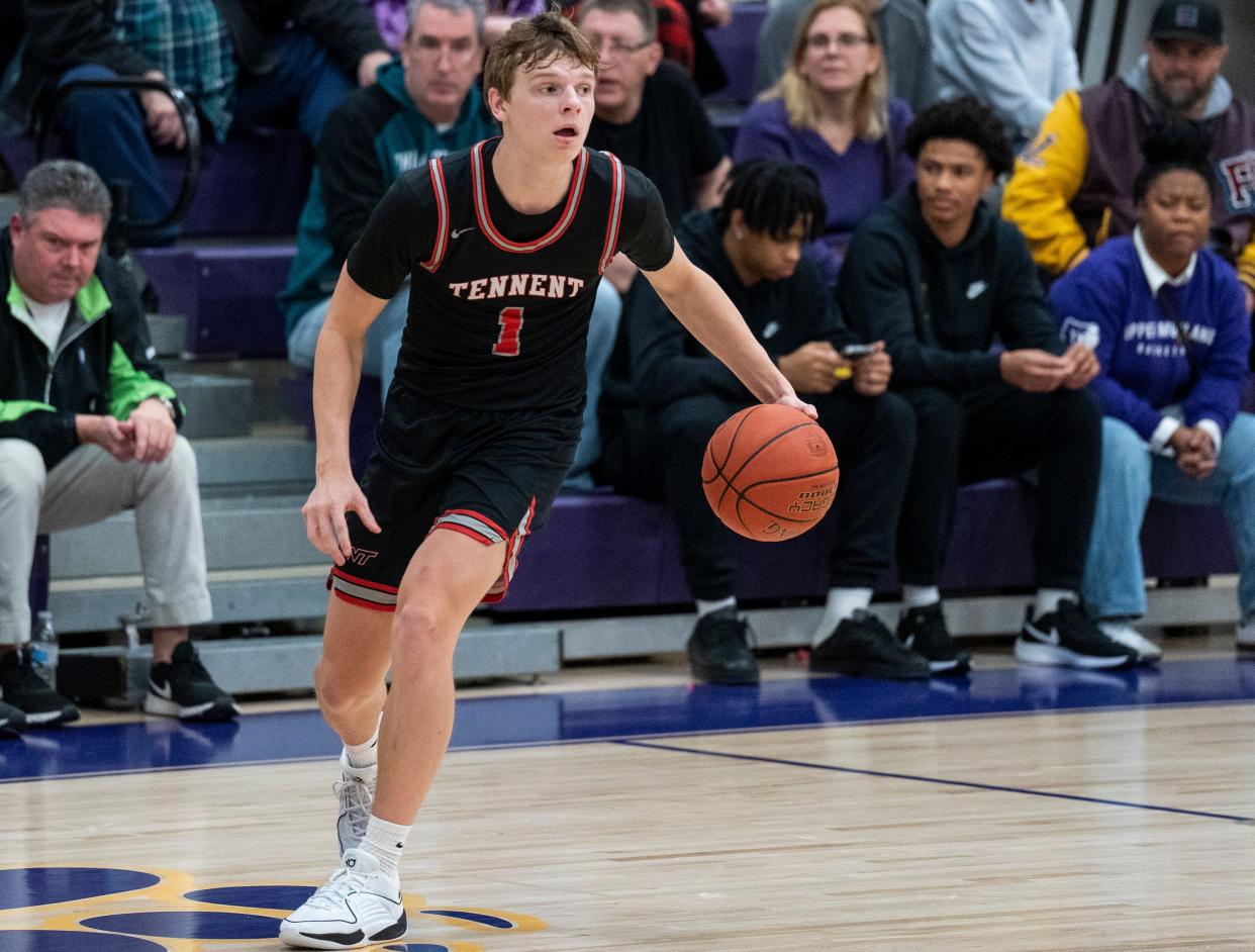 William Tennet's Kirby Mooney (1) against Upper Moreland during their boys’ basketball game in Willow Grove on Thursday, Dec. 7, 2023.

[Daniella Heminghaus | Bucks County Courier Times]