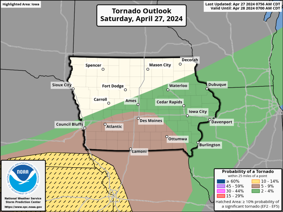 There's a possibility of tornadoes in Iowa for a second straight day after multiple twisters hit the state Friday, April 26, 2024, according to the National Weather Service.