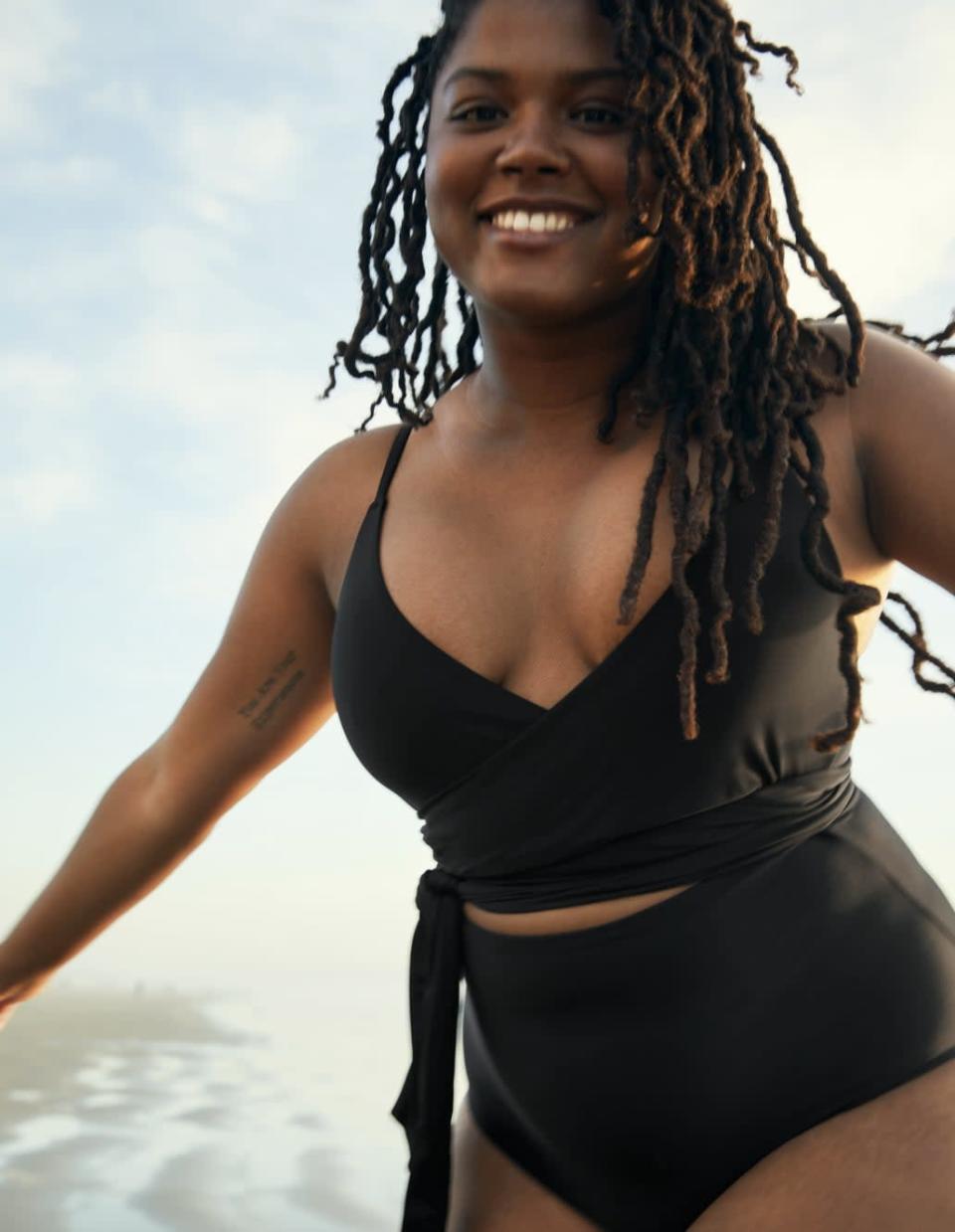 <p>Go for a comfy wrap silhouette with this fun and comfortable <span>Aerie Wrap One-Piece Swimsuit</span> ($35, originally $50). The cutout in the middle almost makes it look like a two-piece. It comes in three additional patterns, but we love the classic black style.</p>
