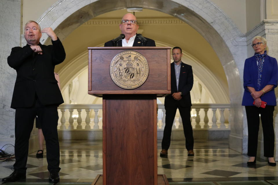 Maryland Gov. Larry Hogan talks about the state's response to the new coronavirus during a news conference on Wednesday, March 25, 2020, in Annapolis, Md. Maryland schools will be closed another four weeks through April 24. Hogan said he has made a formal request for a presidential disaster declaration to help provide funding for state and local governments as well as nonprofits. (AP Photo/Brian Witte)