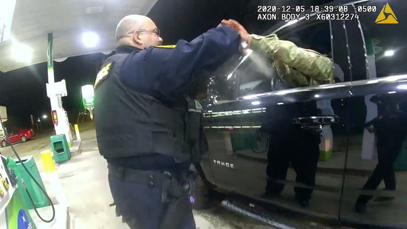 U.S. Army 2nd Lieutenant Caron Nazario is sprayed at a gas station during violent traffic stop in Windsor