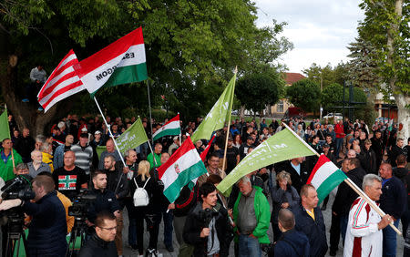 Members of far-right, nationalist groups attend a protest against criminal attacks caused by youth, in Torokszentmiklos, Hungary, May 21, 2019. REUTERS/Bernadett Szabo