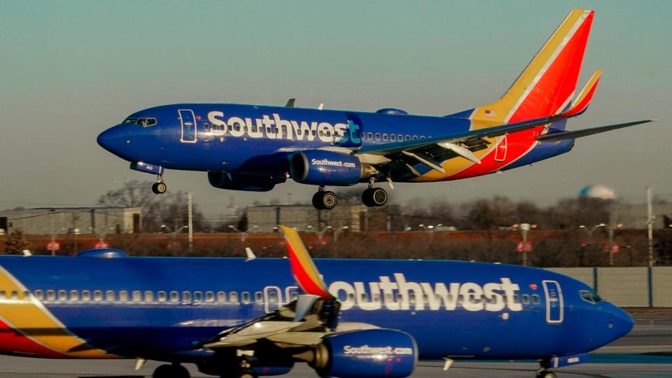 PHOTO: In this file photo, a Southwest Airlines plane prepares to land at Midway International Airport, Feb. 12, 2023, in Chicago.  (Kiichiro Sato/AP)