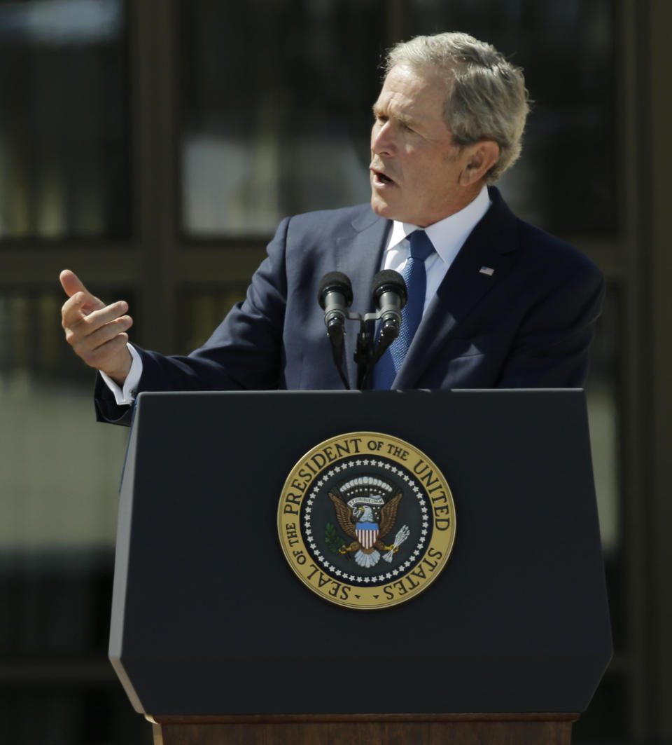 Former president George W. Bush speaks during the dedication of the George W. Bush presidential library on Thursday, April 25, 2013, in Dallas. (AP Photo/David J. Phillip)