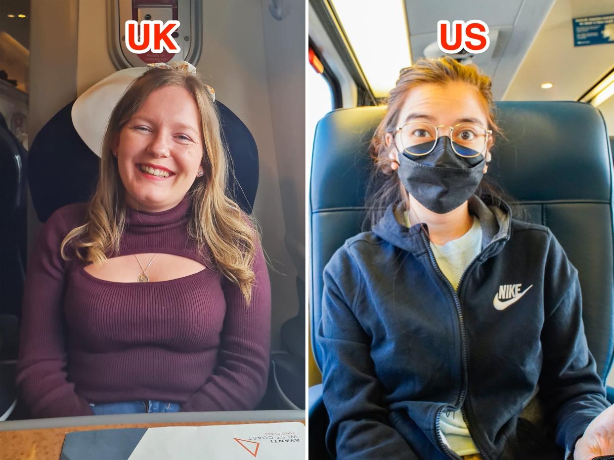 The authors sitting in first class on trains in the UK and US