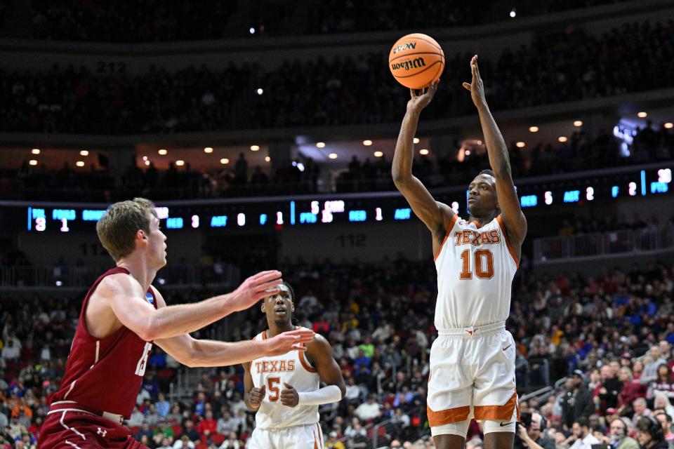 Texas Longhorns guard Sir'Jabari Rice (10) shoots the ball against the Colgate Raiders during the second half at Wells Fargo Arena.