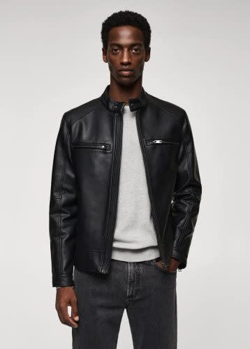 mango black vegan leather cafe racer motorcycle jacket