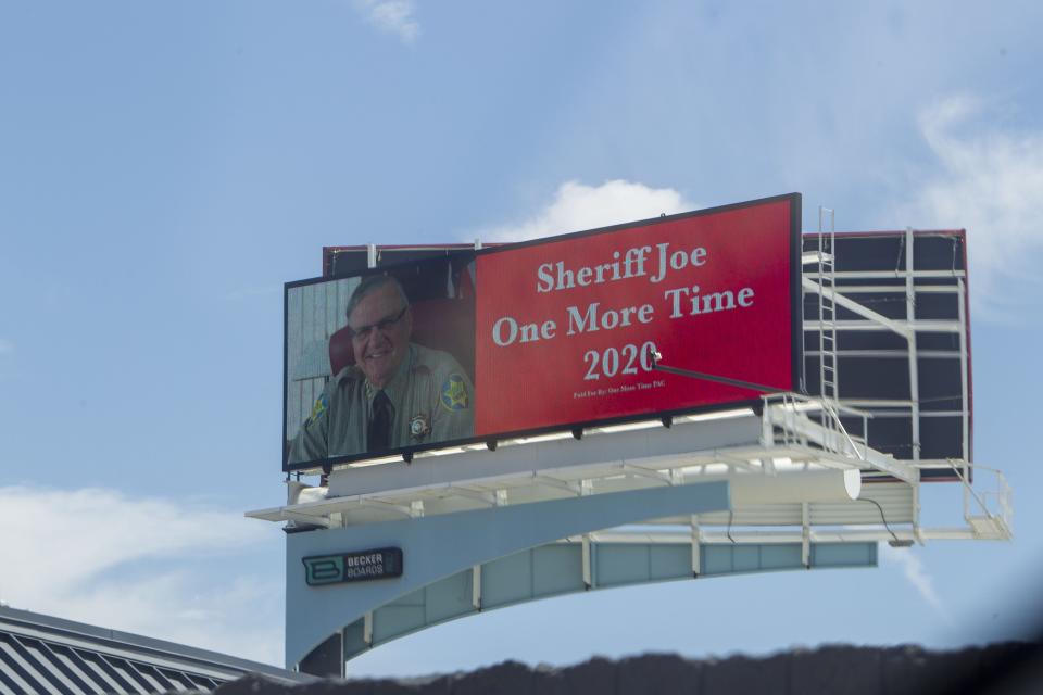 Someone paid to put up a billboard calling for Joe Arpaio, former Maricopa County sheriff, to run for the position again, as seen in downtown Phoenix on Saturday.