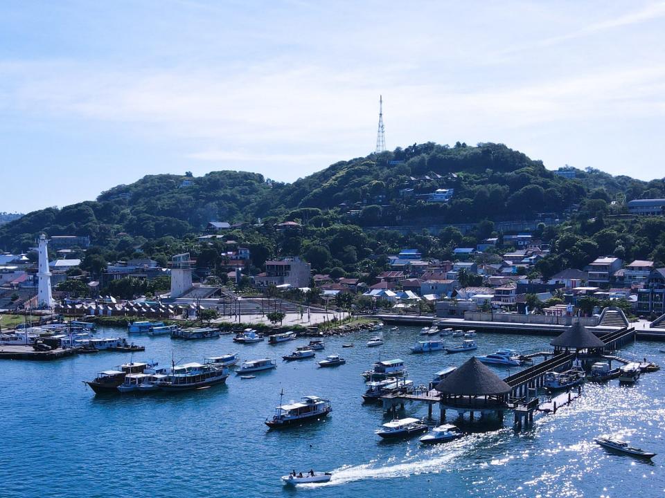 An aerial photo shows seaside scenery in Labuan Bajo.