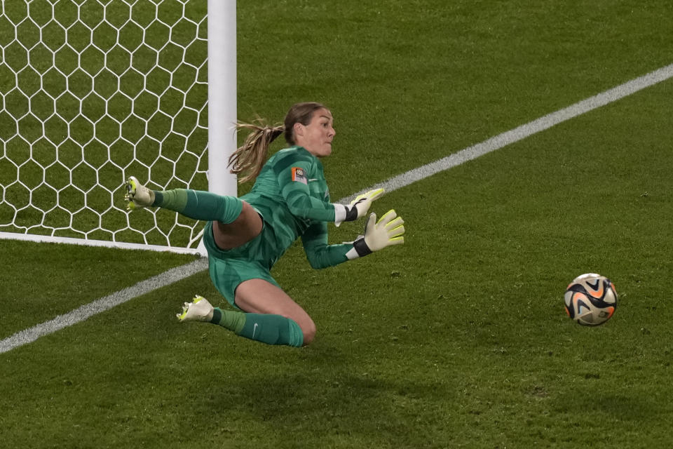 England's goalkeeper Mary Earps blocks a penalty shot from Spain's Jennifer Hermoso during the Women's World Cup soccer final between Spain and England at Stadium Australia in Sydney, Australia, Sunday, Aug. 20, 2023. (AP Photo/Mark Baker)