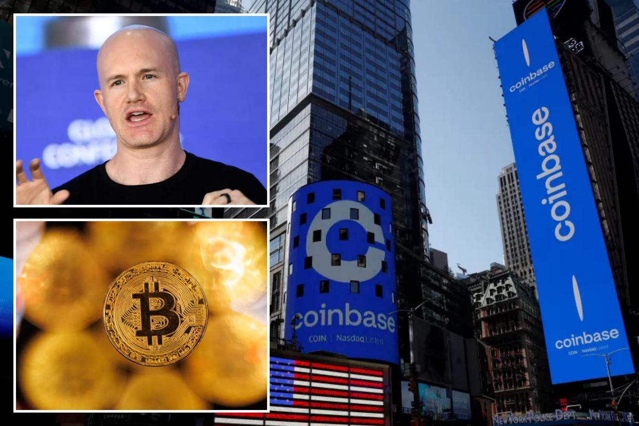 Coinbase sign, CEO Brian Armstrong and bitcoin