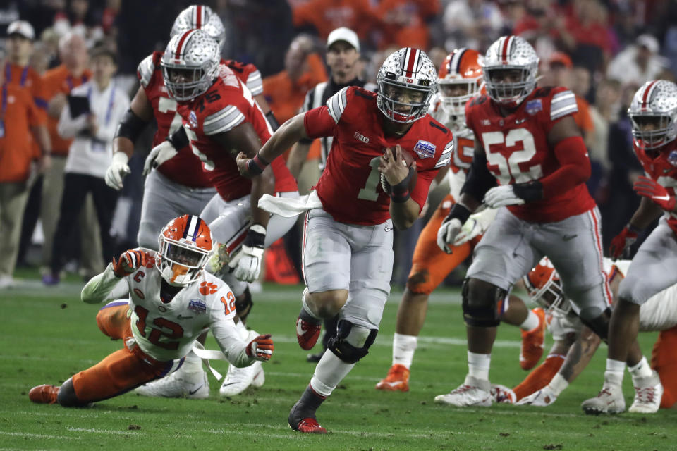 Ohio State quarterback Justin Fields (1) during the first half of the Fiesta Bowl NCAA college football game against Clemson on Dec. 28, 2019. (AP)