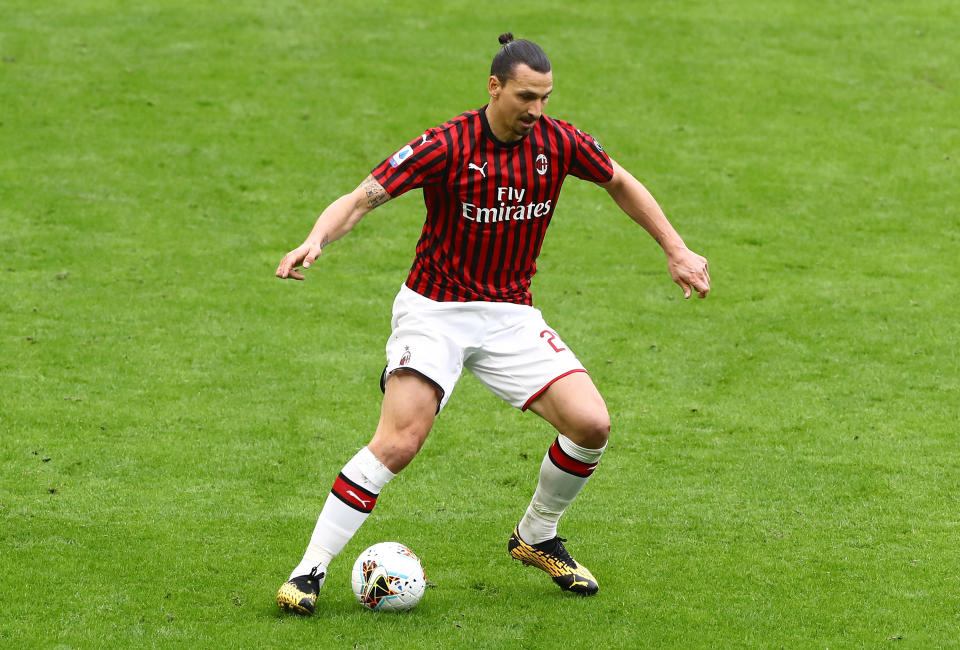 Zlatan Ibrahimovic of AC Milan in action during the Serie A match between AC Milan and Genoa CFC at Stadio Giuseppe Meazza on March 8, 2020 in Milan, Italy.