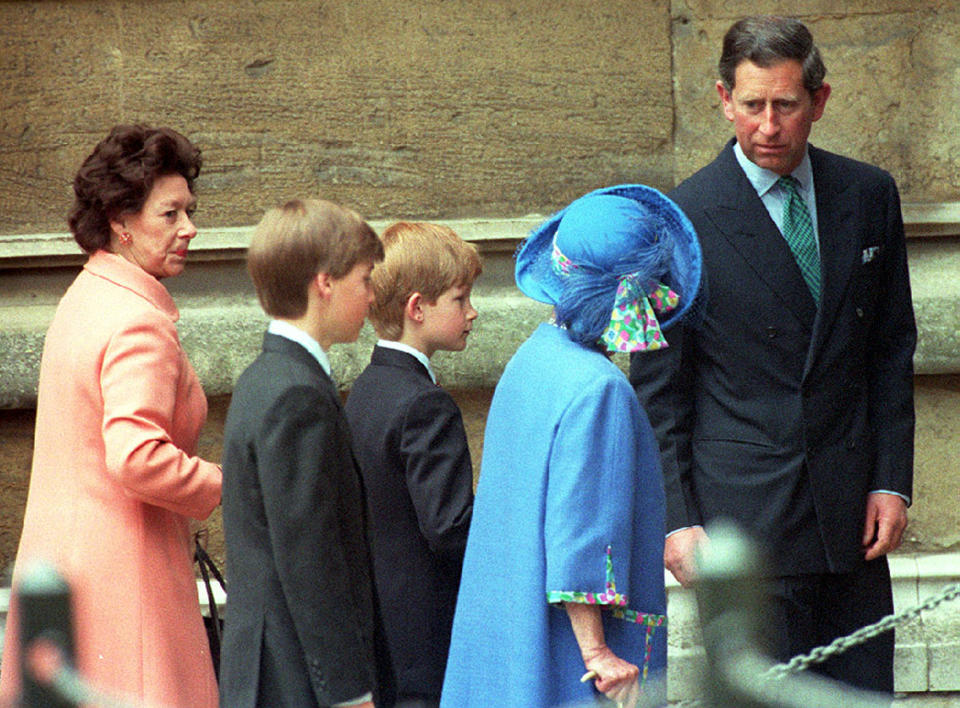 The Prince of Wales with the Queen Mother, Princes William and Harry and Princess Margaret as they enter St. George's Chapel in Windsor Castle to attend the traditional Easter Sunday service.   (Photo by Martin Keene - PA Images/PA Images via Getty Images)