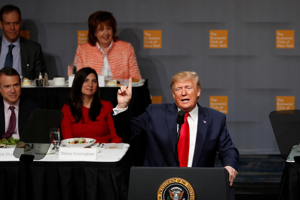 U.S. President Donald Trump delivers remarks at the Economic Club of New York at the Hilton Midtown Hotel in Manhattan, New York, U.S., November 12, 2019. REUTERS/Tom Brenner