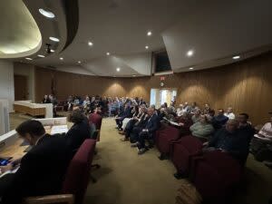 The Montana Supreme Court chambers were full as attorneys delivered oral arguments in a case over permits for a methane-fired power plant in Laurel on May 15, 2024. (Photo by Blair Miller, Daily Montanan)