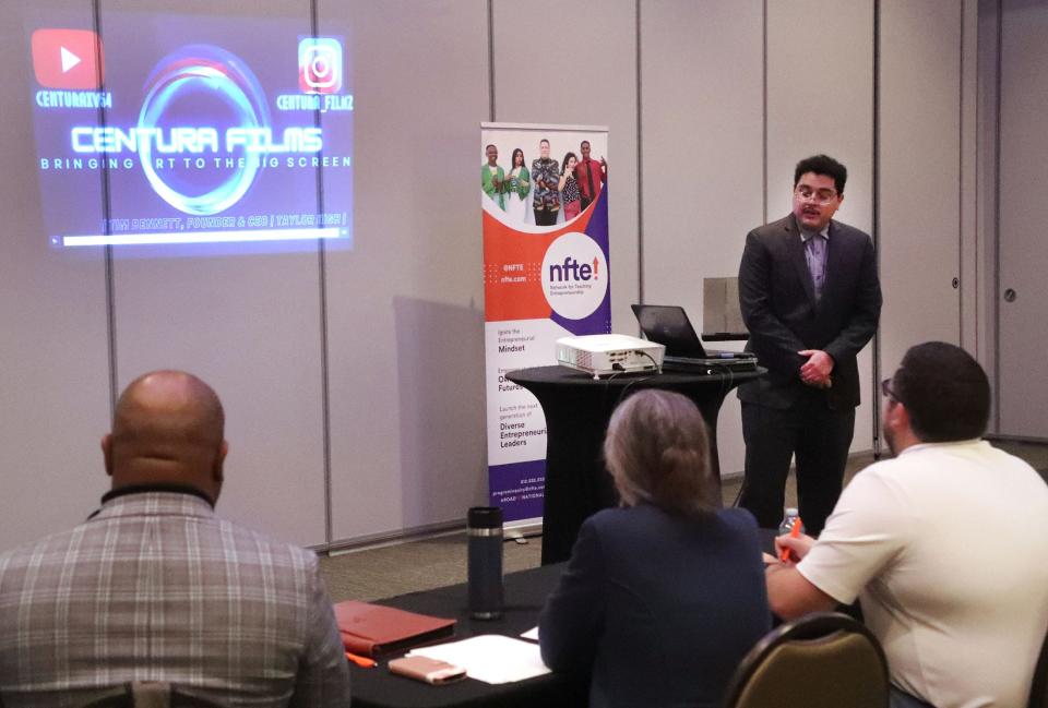 Taylor High School student Tim Bennett pitches his idea of Centura Films to the judges during the Network for Teaching Entrepreneurship second annual "Shark Tank" style pitch competition for high school students, Wednesday, March 13, 2024, at the Center in Deltona.