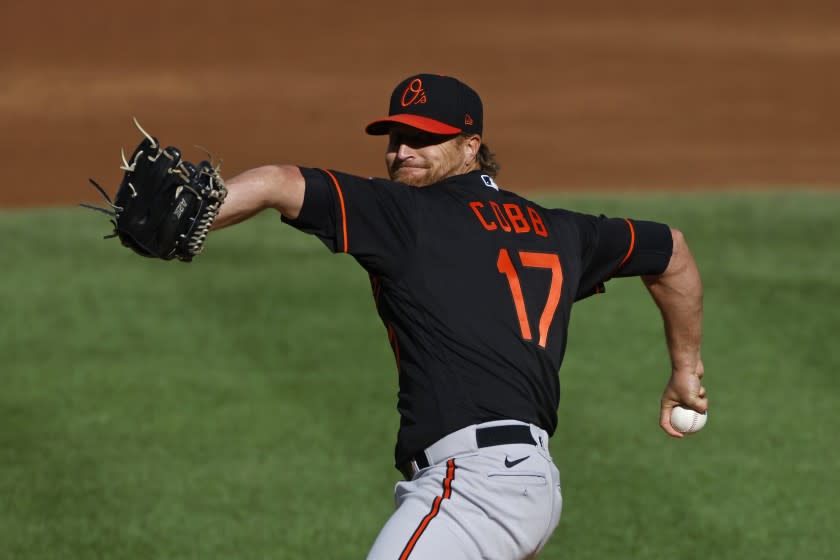 The Baltimore Orioles' Alex Cobb delivers a pitch against the New York Yankees in September 2020.