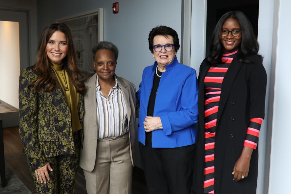 <p>Sophia Bush, Billie Jean King and Nia Batts join Chicago Mayor Lori Lightfoot (second from left) in opening the First Women's Bank flagship — the only women-founded, women-owned and women-led commercial bank in the country — in Chicago on Sept. 22.</p>