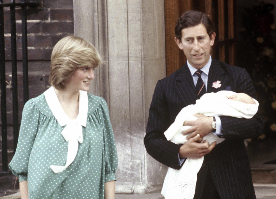 Princess Diana’s green polka-dot outfit when leaving St Mary’s Hospital after giving birth to Prince William in 1982. - Credit: AP