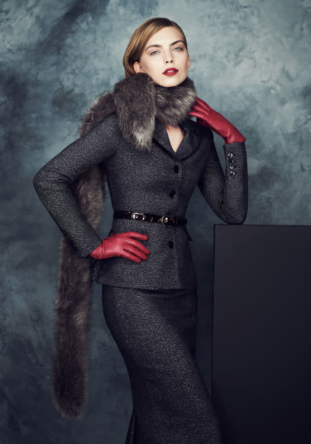 M&S AW13 womenswear clothing collection: Smart suits were styled with elegant fur stoles.