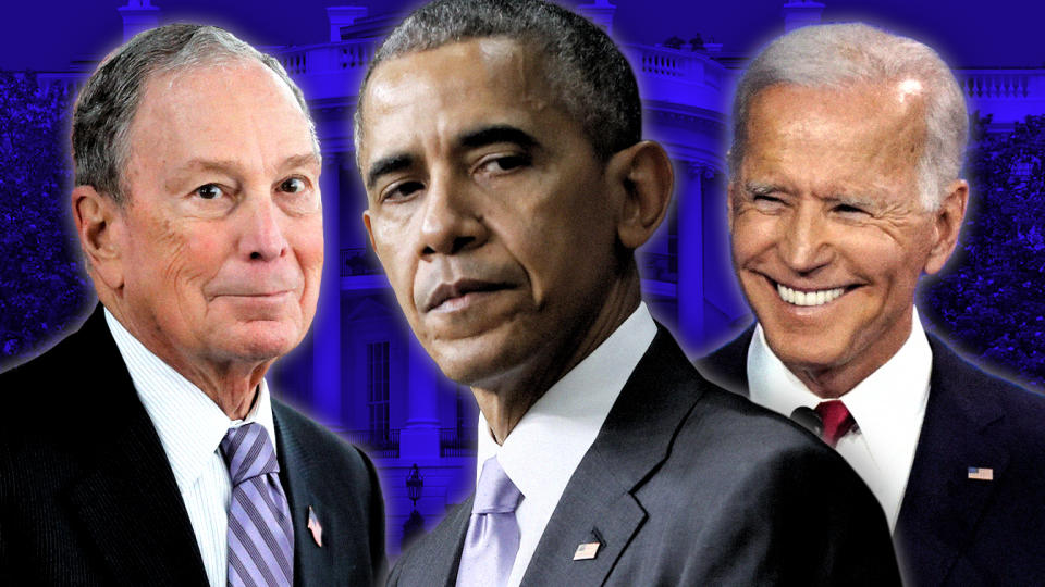 Mike Bloomberg, former President Barack Obama and former Vice President Joe Biden. (Photo illustration: Yahoo News; photos: AP)